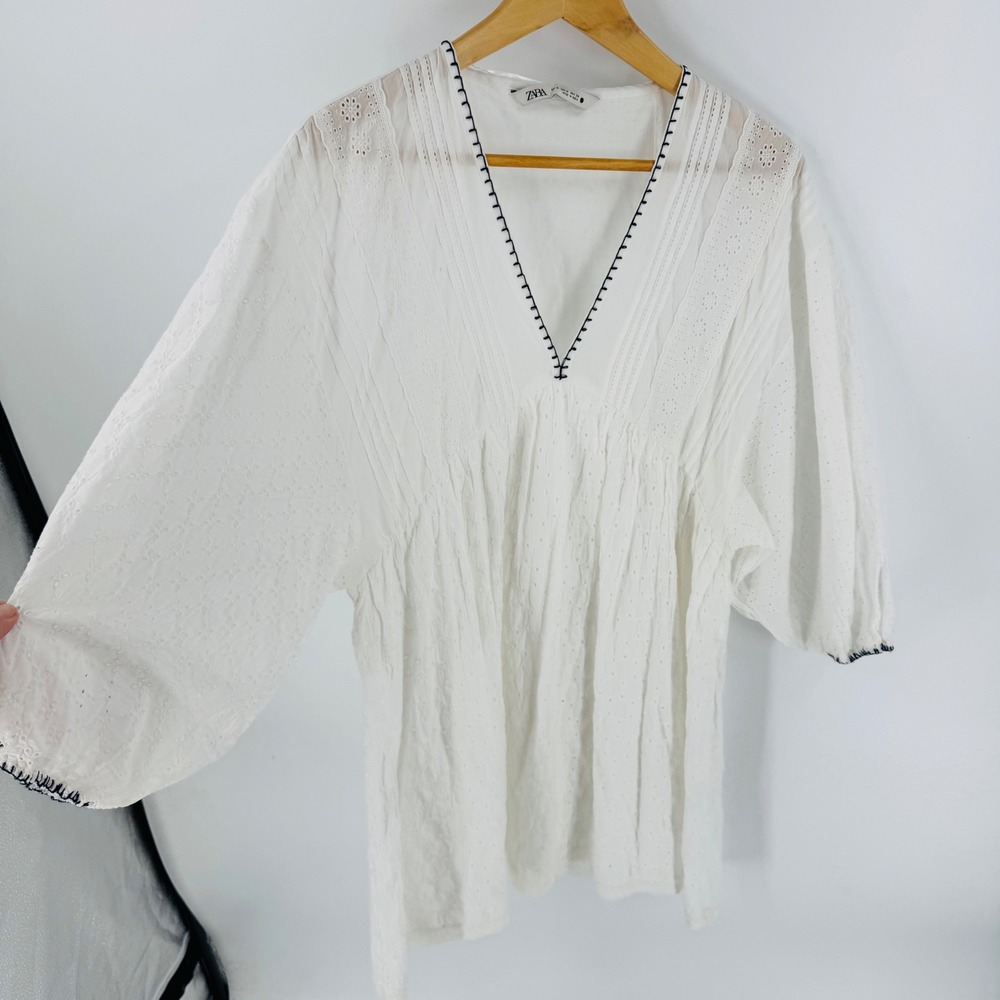 Zara White Eyelet Peasant Mini Dress Size M Boho Embroidered Puff Sleeve Cottage - Picture 6 of 8